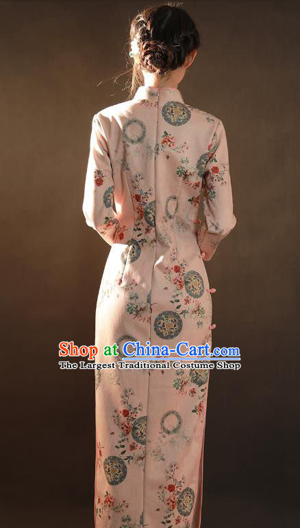 China Traditional Stage Performance Qipao Dress National Classical Dance Pink Suede Fabric Cheongsam