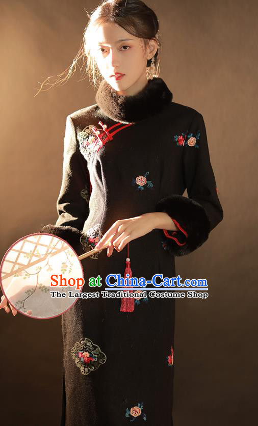 China Traditional Winter Woman Qipao Dress National Classical Dance Embroidered Black Woolen Cheongsam