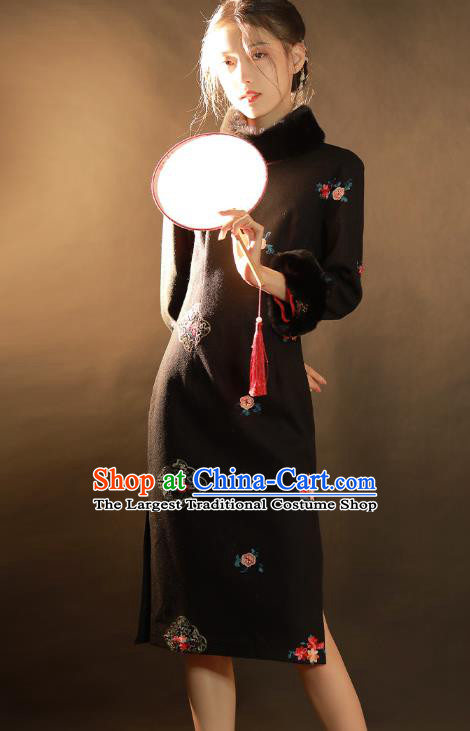 China Traditional Winter Woman Qipao Dress National Classical Dance Embroidered Black Woolen Cheongsam