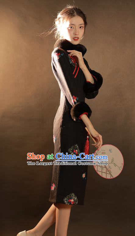 China Traditional Winter Woman Qipao Dress National Classical Dance Embroidered Black Woolen Cheongsam
