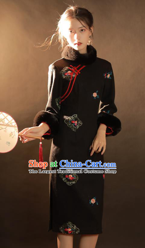 China Traditional Winter Woman Qipao Dress National Classical Dance Embroidered Black Woolen Cheongsam