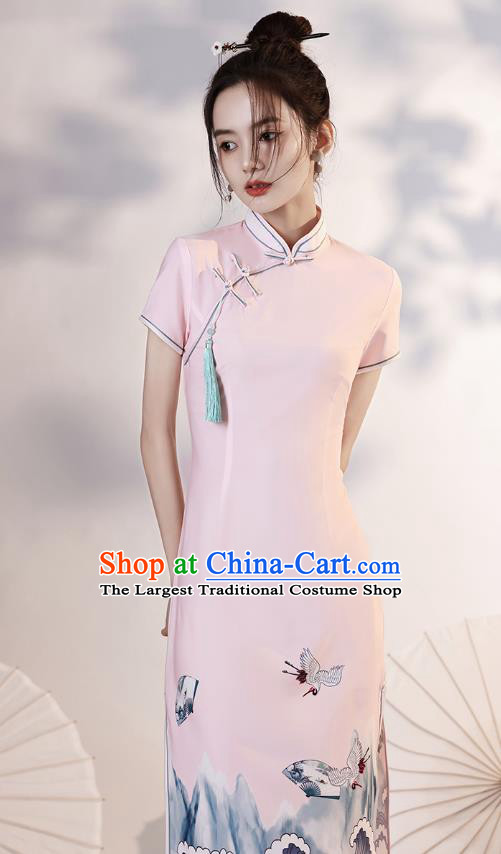 Chinese Young Lady Printing Wave Crane Cheongsam Clothing Modern Dance Pink Short Qipao Dress