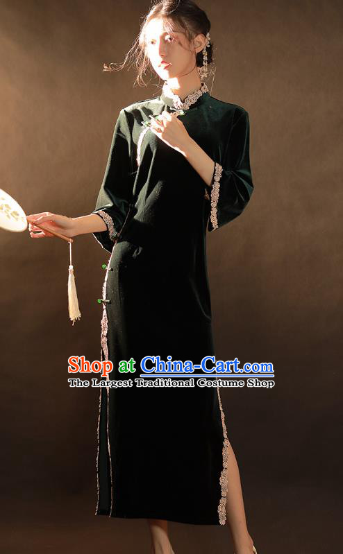 China Traditional Atrovirens Velvet Qipao Dress National Young Woman Classical Dance Cheongsam