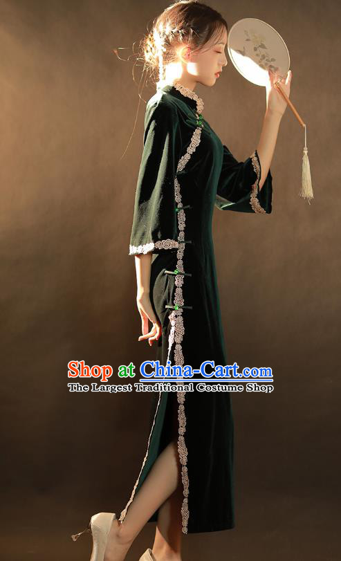 China Traditional Atrovirens Velvet Qipao Dress National Young Woman Classical Dance Cheongsam