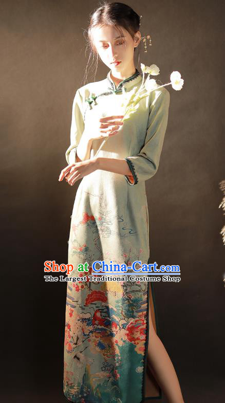 China Traditional Printing Light Green Suede Fabric Qipao Dress National Young Woman Cheongsam