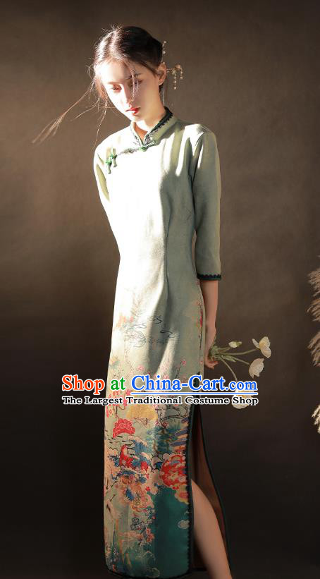 China Traditional Printing Light Green Suede Fabric Qipao Dress National Young Woman Cheongsam