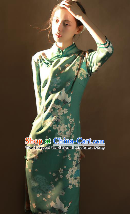 China Traditional Printing Plum Blossom Qipao Dress National Young Woman Green Suede Fabric Cheongsam