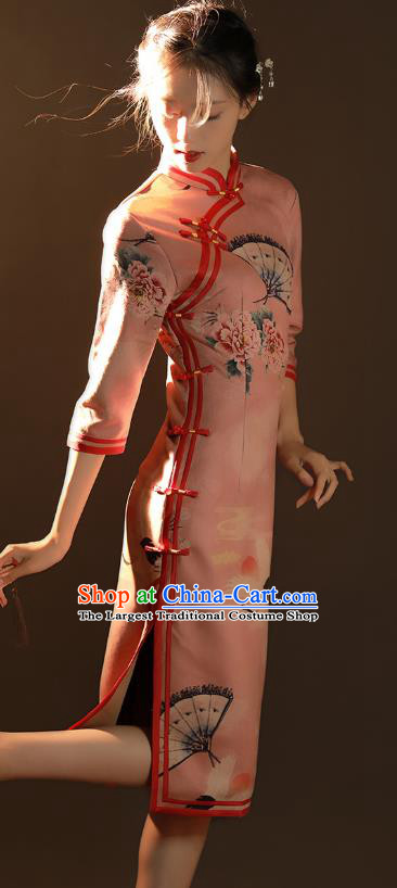 China Traditional Printing Peony Crane Qipao Dress National Young Woman Pink Suede Fabric Cheongsam