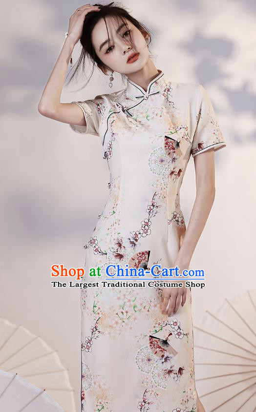 Chinese Young Lady Printing Plum Fan Cheongsam Clothing Modern Dance Beige Qipao Dress