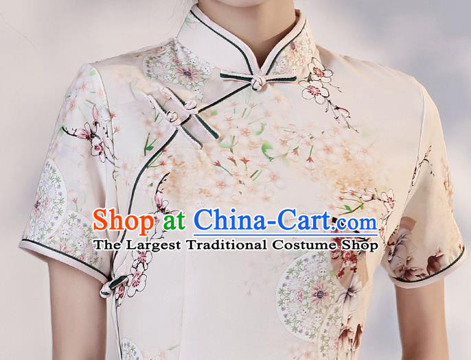 Chinese Young Lady Printing Plum Fan Cheongsam Clothing Modern Dance Beige Qipao Dress