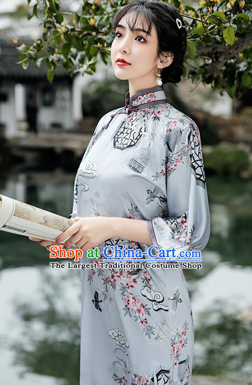 Republic of China Traditional Printing Light Green Qipao Dress National Young Woman Cheongsam