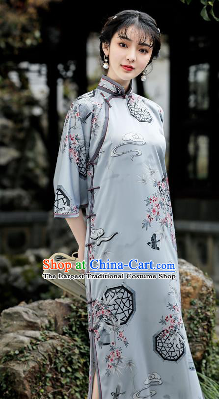 Republic of China Traditional Printing Light Green Qipao Dress National Young Woman Cheongsam