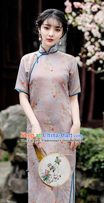 Republic of China Young Lady Cheongsam Traditional Printing Flowers Grey Flax Qipao Dress