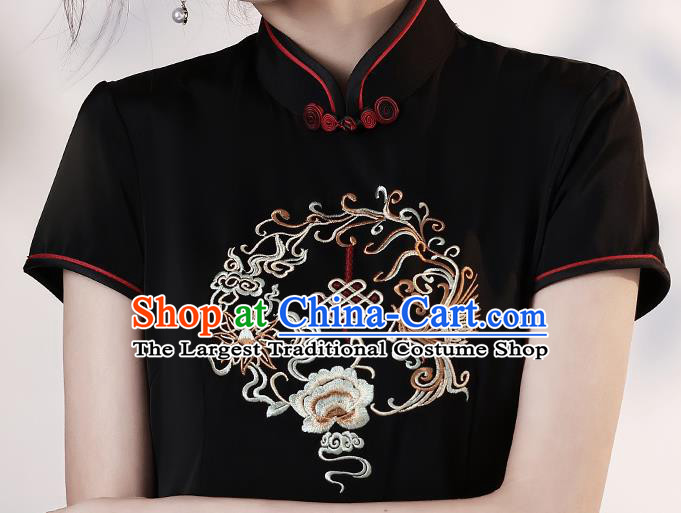 Chinese Young Lady Embroidered Phoenix Peony Cheongsam Clothing Modern Dance Black Short Qipao Dress