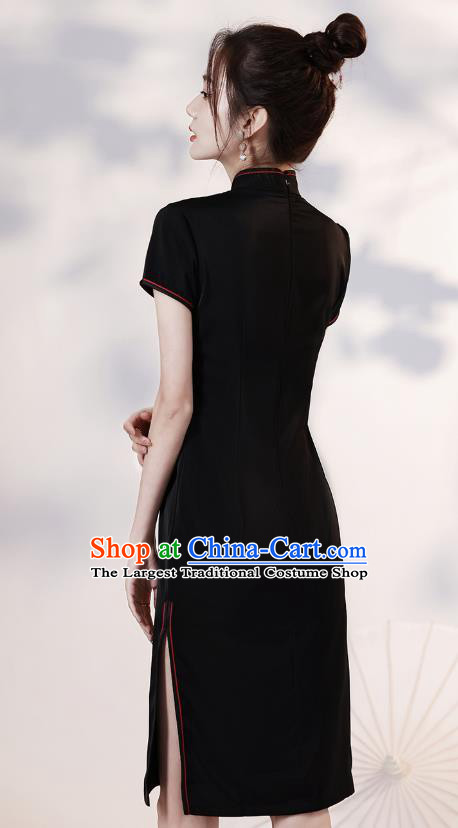 Chinese Young Lady Embroidered Phoenix Peony Cheongsam Clothing Modern Dance Black Short Qipao Dress