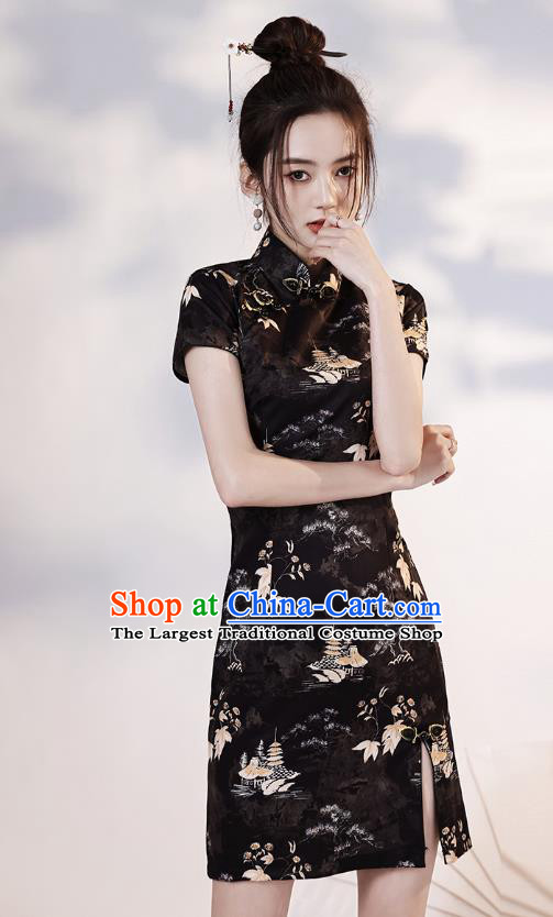 Chinese Printing Black Short Cheongsam Clothing Modern Dance Young Lady Qipao Dress