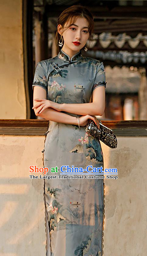 Republic of China Shanghai National Printing Lotus Grey Cheongsam Traditional Young Lady Qipao Dress