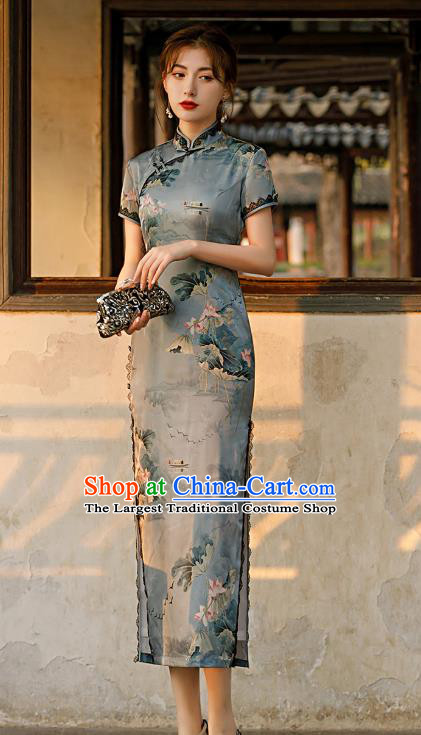 Republic of China Shanghai National Printing Lotus Grey Cheongsam Traditional Young Lady Qipao Dress