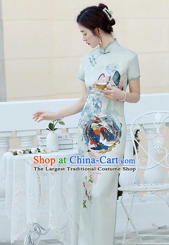 Republic of China National Printing Cheongsam Traditional Shanghai Young Lady Light Green Qipao Dress