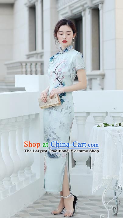 Republic of China National Light Blue Cheongsam Traditional Shanghai Young Lady Printing Peony Qipao Dress