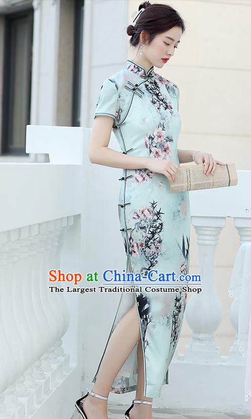 Republic of China National Printing Peach Blossom Cheongsam Traditional Shanghai Young Lady Light Green Qipao Dress