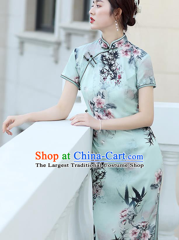 Republic of China National Printing Peach Blossom Cheongsam Traditional Shanghai Young Lady Light Green Qipao Dress