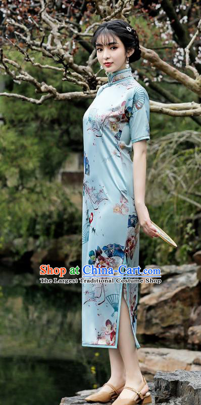 Republic of China Traditional Printing Blue Qipao Dress National Young Lady Stand Collar Cheongsam