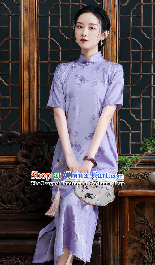 Republic of China National Stand Collar Cheongsam Traditional Shanghai Young Lady Lilac Silk Qipao Dress