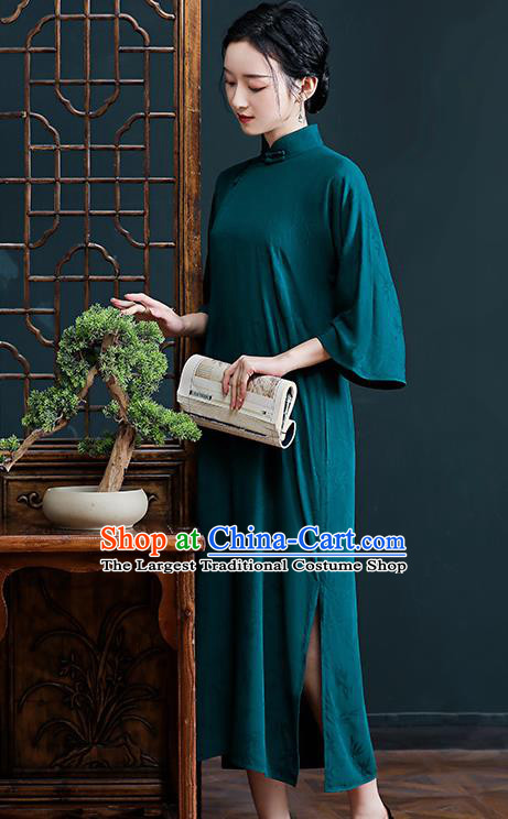 Republic of China National Deep Green Silk Cheongsam Traditional Shanghai Young Lady Qipao Dress