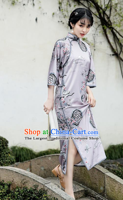 Republic of China Traditional Wide Sleeve Qipao Dress National Young Lady Printing Lilac Cheongsam