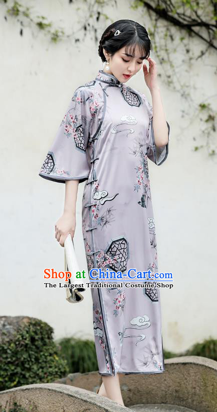 Republic of China Traditional Wide Sleeve Qipao Dress National Young Lady Printing Lilac Cheongsam