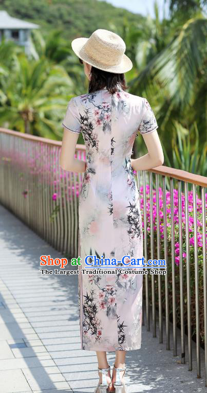 Republic of China National Young Lady Cheongsam Traditional Printing Bamboo Pink Qipao Dress
