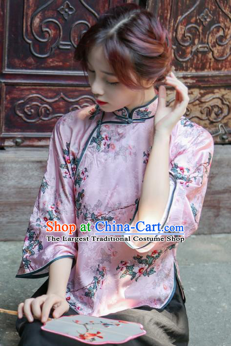 Chinese Tang Suit Upper Outer Garment Clothing National Printing Flowers Pink Silk Qipao Shirt