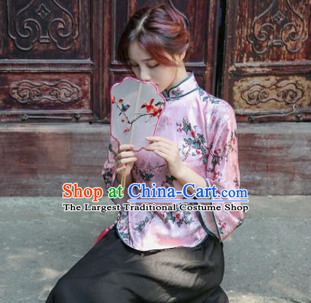 Chinese Tang Suit Upper Outer Garment Clothing National Printing Flowers Pink Silk Qipao Shirt