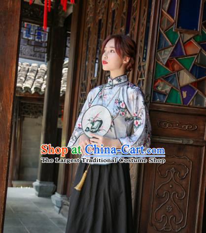 Chinese National Printing Flowers Light Blue Silk Qipao Shirt Tang Suit Upper Outer Garment Clothing