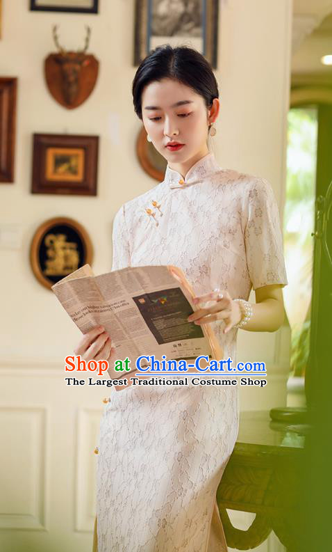 Republic of China Traditional Classical Dance Qipao Dress National Young Lady White Lace Cheongsam