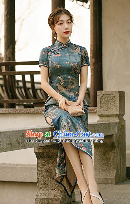 Republic of China Traditional Printing Deep Green Qipao Dress National Woman Mother Cheongsam
