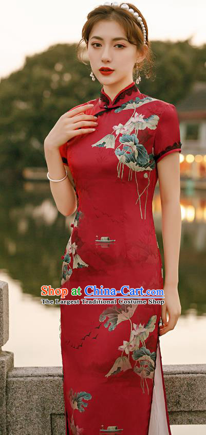 Republic of China National Short Sleeve Cheongsam Traditional Young Lady Printing Lotus Red Qipao Dress