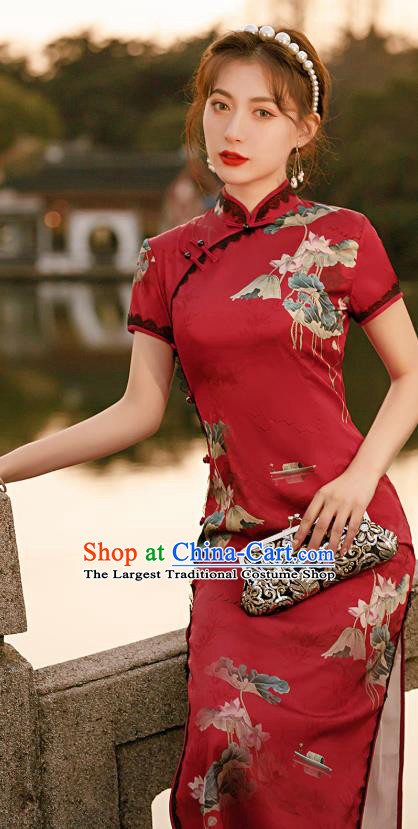 Republic of China National Short Sleeve Cheongsam Traditional Young Lady Printing Lotus Red Qipao Dress