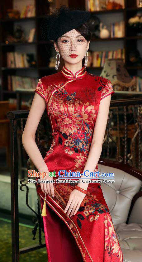China National Bride Red Silk Cheongsam Traditional Wedding Printing Flowers Qipao Dress