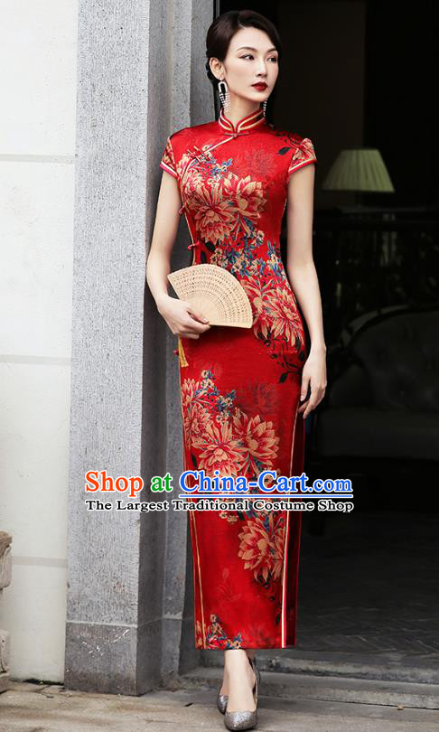 China National Bride Red Silk Cheongsam Traditional Wedding Printing Flowers Qipao Dress
