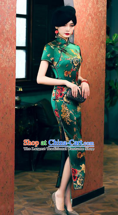 China Classical Dance Performance Cheongsam Traditional Shanghai Young Lady Green Silk Qipao Dress