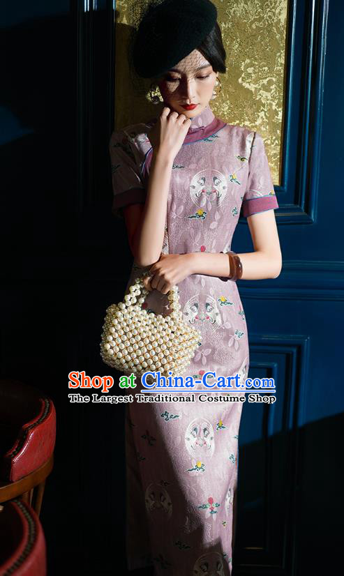 China Traditional Minguo Shanghai Young Lady Printing Crane Lilac Qipao Dress Classical Stand Collar Cheongsam