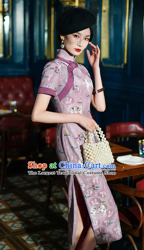 China Traditional Minguo Shanghai Young Lady Printing Crane Lilac Qipao Dress Classical Stand Collar Cheongsam