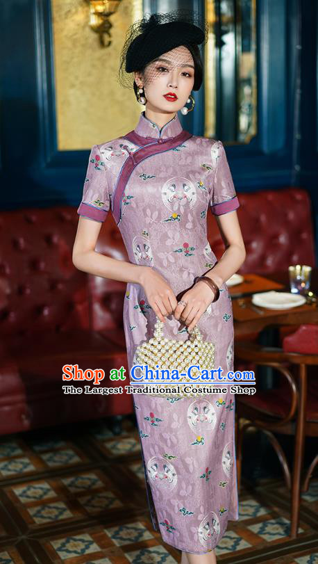 China Traditional Minguo Shanghai Young Lady Printing Crane Lilac Qipao Dress Classical Stand Collar Cheongsam