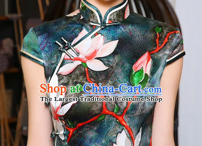 China Classical Shanghai Young Woman Cheongsam Traditional Minguo Printing Mangnolia Navy Silk Qipao Dress
