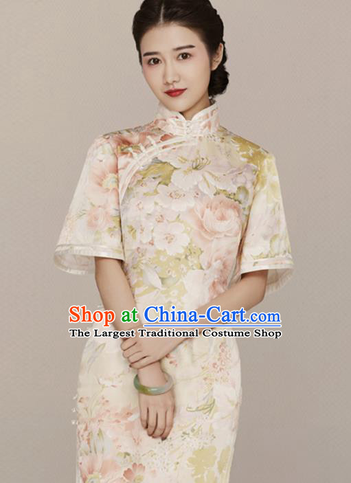 China Traditional Mandarin Sleeve Qipao Dress Classical Printing Flowers Silk Cheongsam