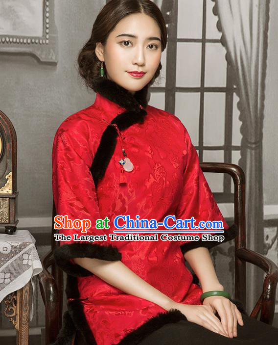 Chinese Tang Suit Winter Red Silk Outer Garment Clothing National Cotton Wadded Jacket