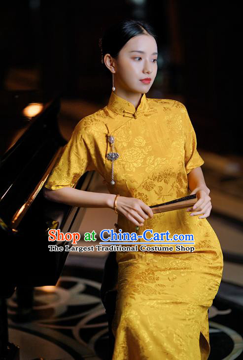 Republic of China Classical Shanghai Beauty Qipao Dress Traditional Minguo Young Lady Bright Yellow Silk Cheongsam