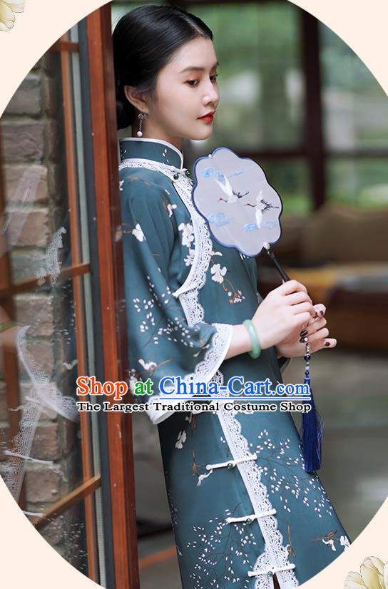 Republic of China Classical Printing Blue Qipao Dress Traditional Minguo Young Lady Mandarin Sleeve Cheongsam
